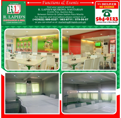 We offer affordable venue and food at R. Lapid´s Quirino Nagtahan Branch